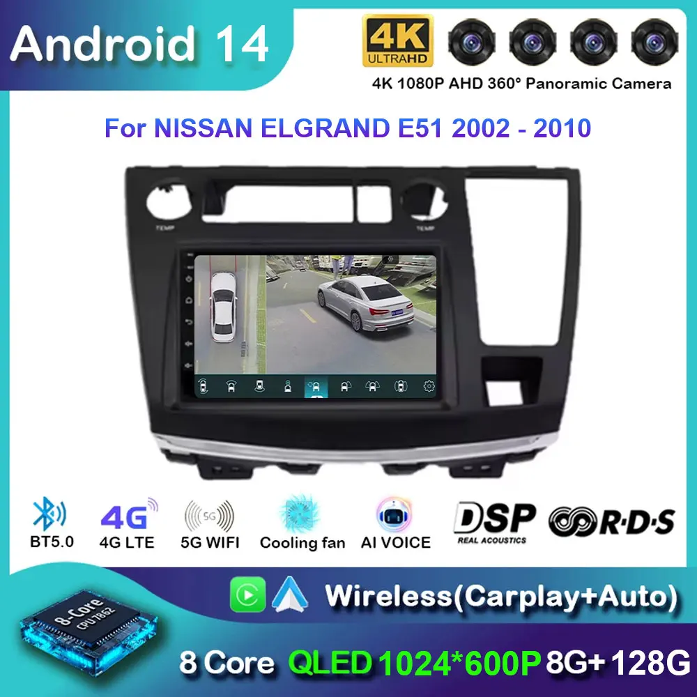 7 Inch Android 14 Wireless Android Auto Carplay For NISSAN ELGRAND E51 2002 - 2010 Multimedia Video Playe Wifi Bluetooth GPS