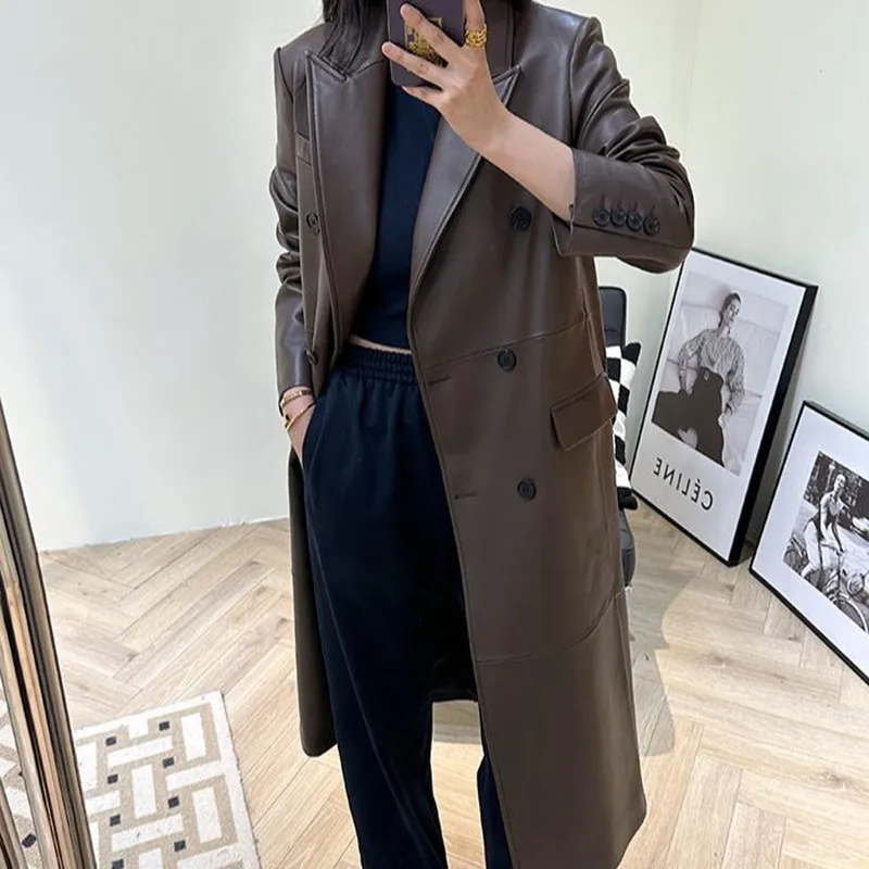 Women's Leather Trench, Long Coat, Suit Collar, Double Breasted, Show Thin, Autumn And Winter