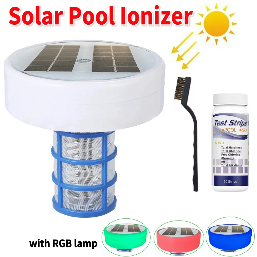 Ionizador Solar de Cobre para Piscinas, Limpiador Automático con 85% Menos Cloro, con Luz Nocturna LED RGB para Piscinas de hasta 35000 Galones