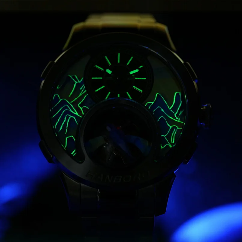 HANBORO Men Automatic Watch 43.6mm Mechanical Wristwatch Luminous Enamel Carved Painted Mountain Skeleton Rotatable Bird Dial