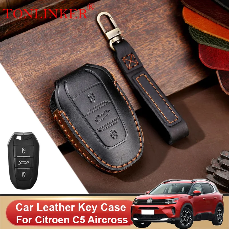 

TONLINKER Car Dedicated Leather Key Case For Citroen C5 Aircross 2017 2018-2022 2023 Holder Shell Remote Keychain Accessories