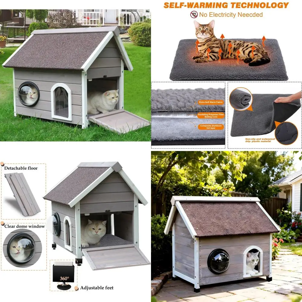 

Всепогодный уличный домик для кошек с утепленной дверью и прозрачными окнами для двух кошек, включает самонагревающийся коврик