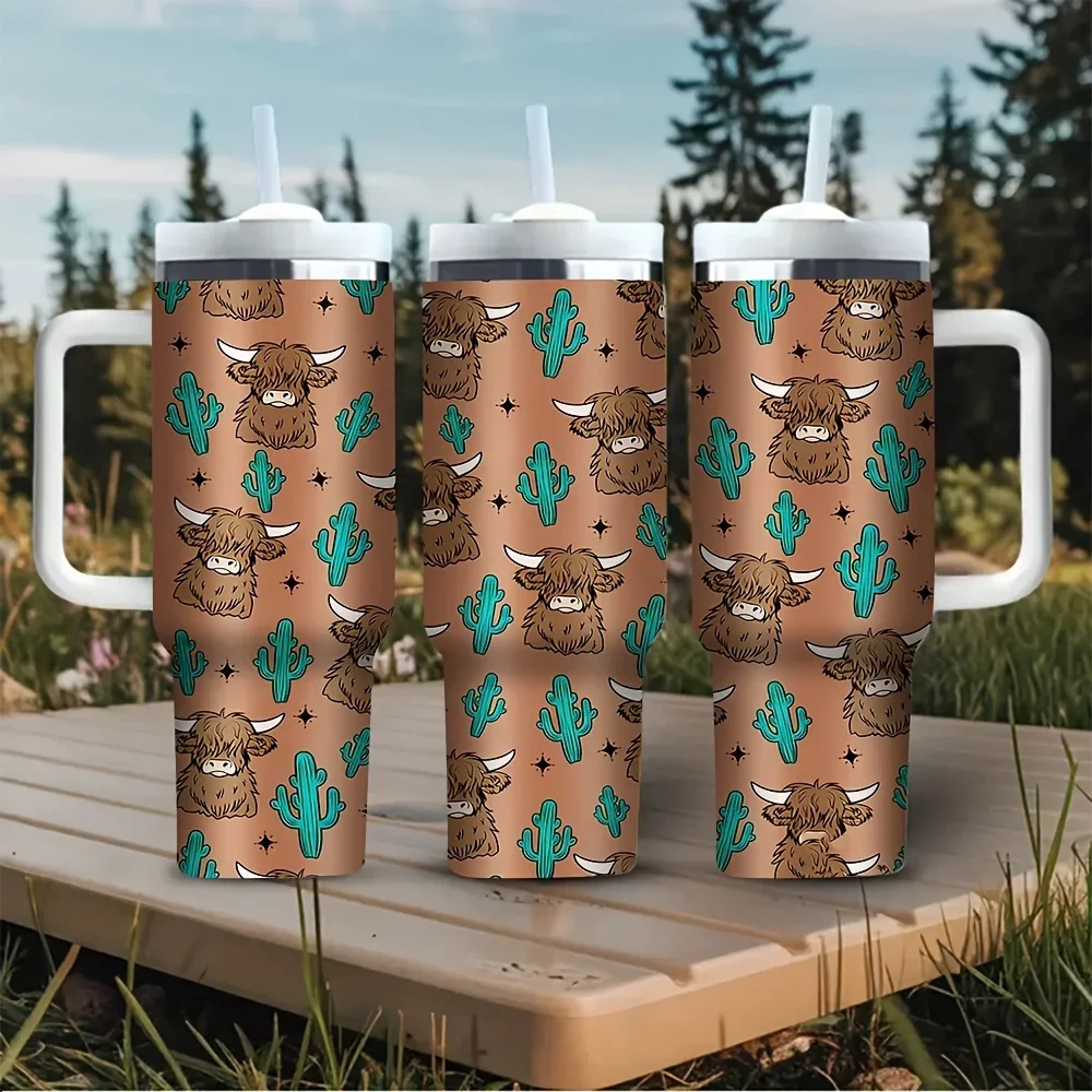 40oz Tumbler with Handle, Cute Highland Cow And Cactus Print, Suitable for Both Cold And Hot Drinks, Ideal for Outdoor Travel And Daily Activities for Western Style Lovers