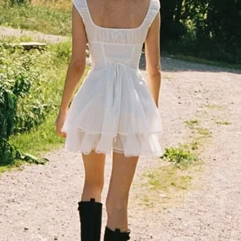 Schönes Mädchen-Tanktop, weißes Minikleid für Damen, Spitze, gespleißt, quadratischer Ausschnitt, ärmellos, A-Linie, Sommerkleider, Baumwolle, Urlaubsrobe