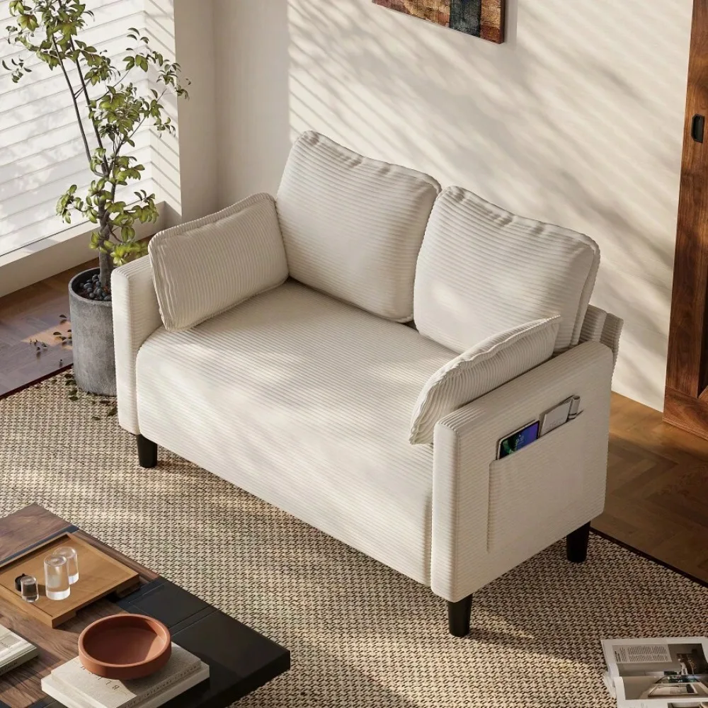 48 Inch Corduroy Loveseat Sofa with Soft Cushions and Side Storage Pockets, Sturdy Solid Wood Frame, High Rebound Sponge, Easy Assembly, 2 Seater Couch for Living Room Apartment Dorm Office