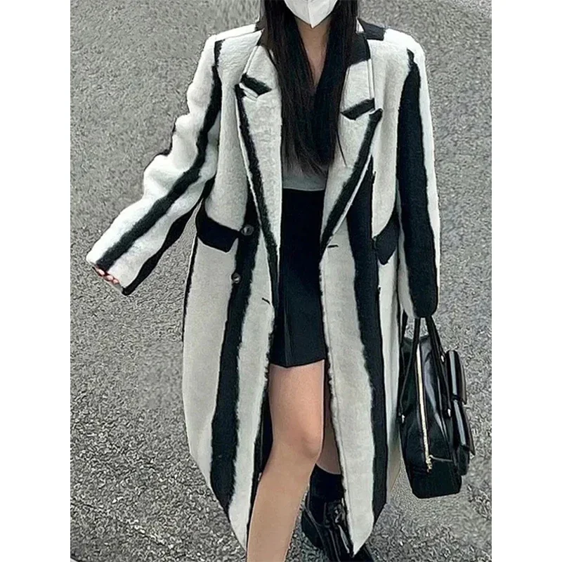 Striped Long Wool Blends Coat Women Vintage Patchwork Jackets Korean Thick Outwear Oversized Cardigan Woolen Overcoat Tops