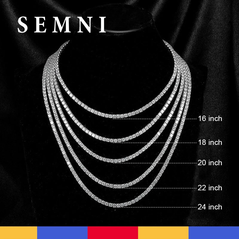 SEMNI 3mm 4mm 5mm Moissanite Diamond Tennis Necklace for Women Men 925 Sterling Silver Luxury Fine Jewelry Sparkling Diamond