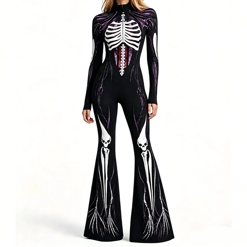 Weihnachts-Overall für Damen mit ausgestelltem Bein, Candy Cane- und Schneeflockenmuster, Glockenbein-Design, Totenkopf-Bodysuit, Halloween-Weihnachts-Clubwear, Partykostüm – Detail 3