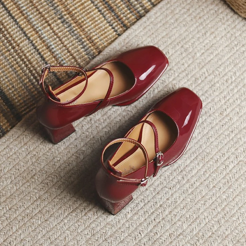 Mary Janes Salto Alto De Couro Para Mulheres, Sapatos De Toe Quadrado, Bombas De Correia De Fivela Raras, Sapatos De Vestido