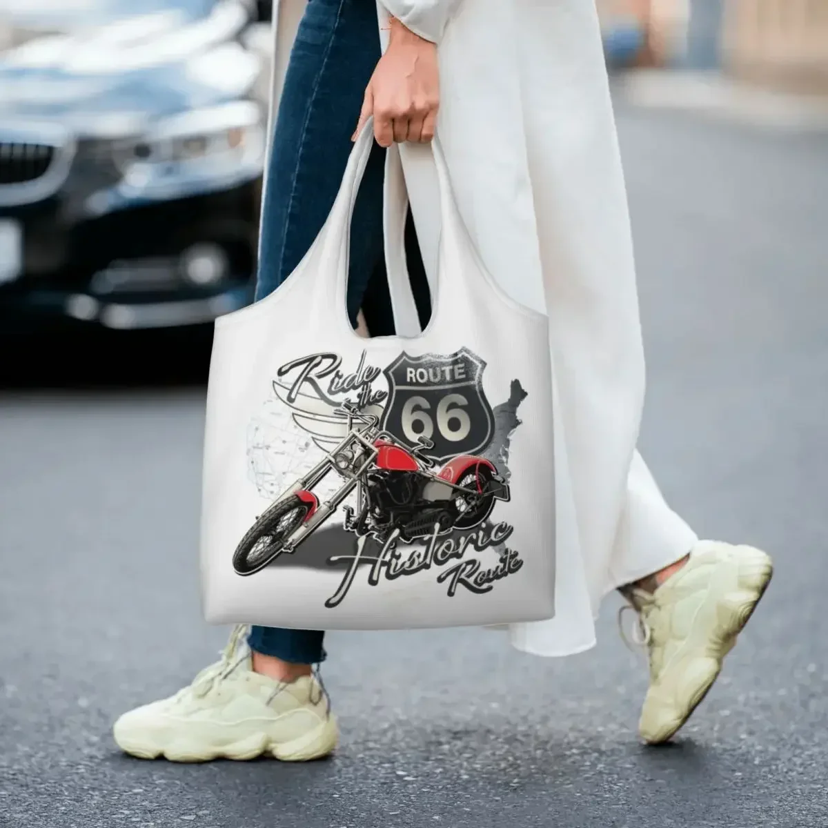 

Route 66 Travel Motorcycle Ride Grocery Shopping Bags Canvas Shopper Shoulder Tote Bags Capacity Durable American Road Handbag