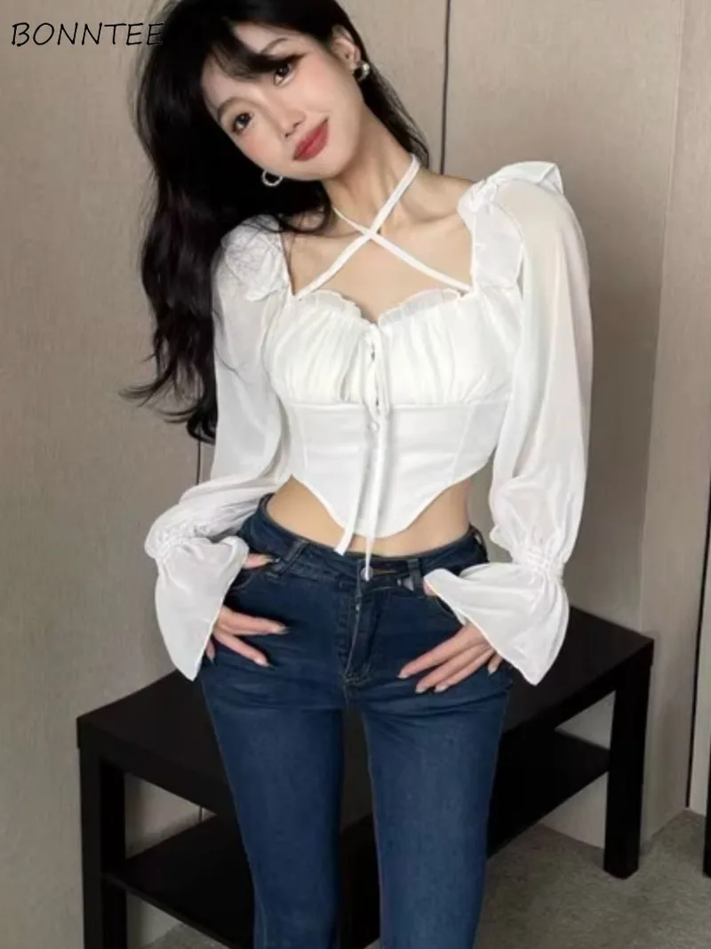 Blouses Women Off-shoulder All-match Sweet Spicy Girls Streetwear Solid Design Unique Halterneck Daily Y2k Clothing Trendy Chic