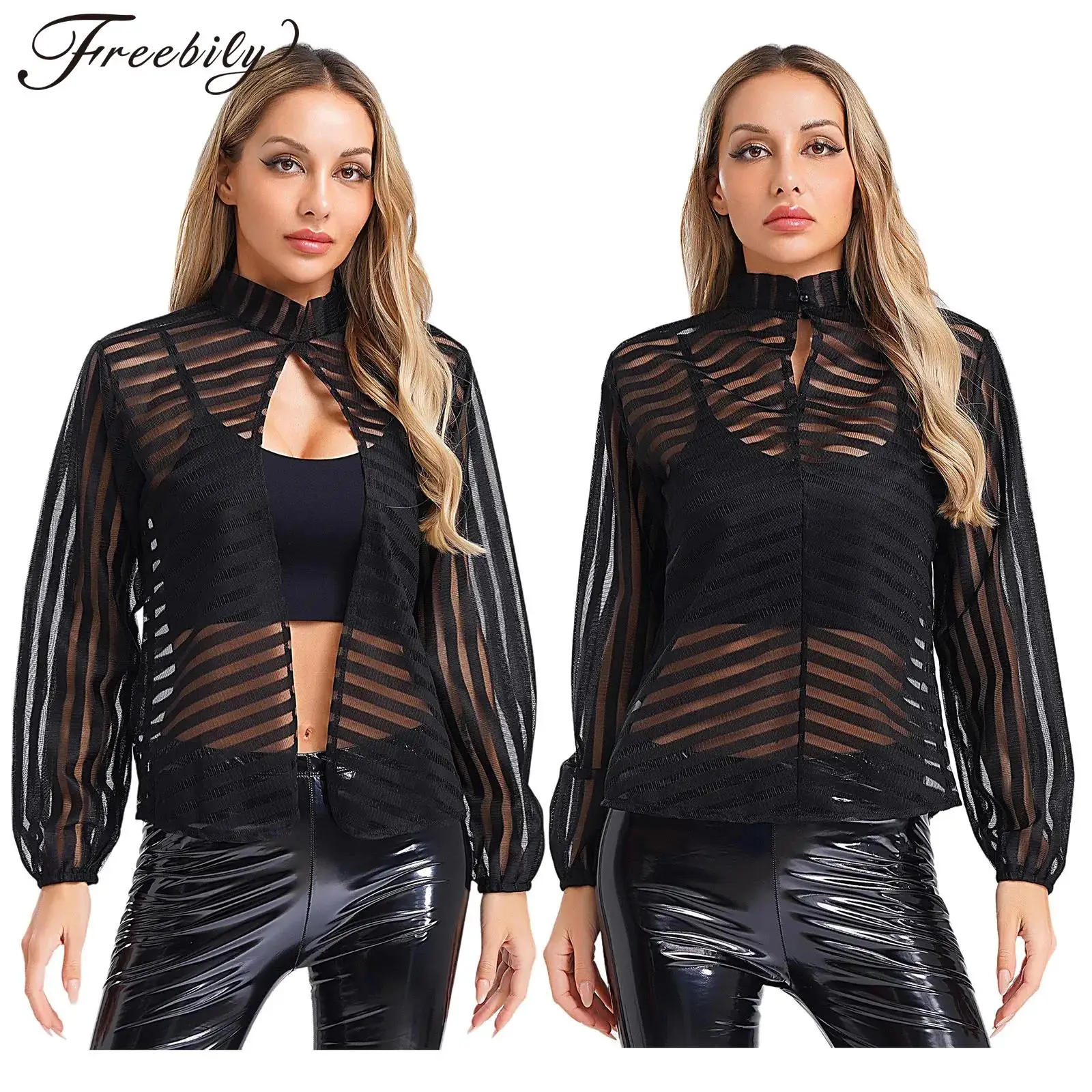 

Women See-through Blouses Mesh Tops Clubwear Sheer Blouse Fashion Striped Wraps Sexy Hollowed Nightclub Shrug