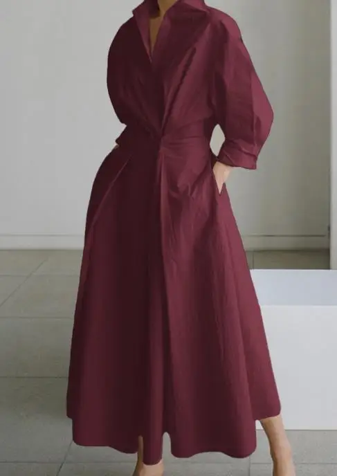 

Autumn Fashion Simple Lapel Slim Fit A-Line Shirt Dress for Women Elegant Button Up Waist Solid Color Long Sleeved Shirt Dress