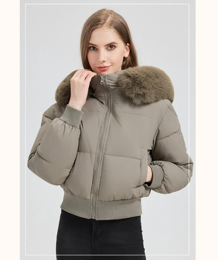 2026 Thicken Short Women's Winter Jacket Korean Style Down Cotton Coat Casual Warm Fur Hooded Cropped Parkas Chic Streetwear