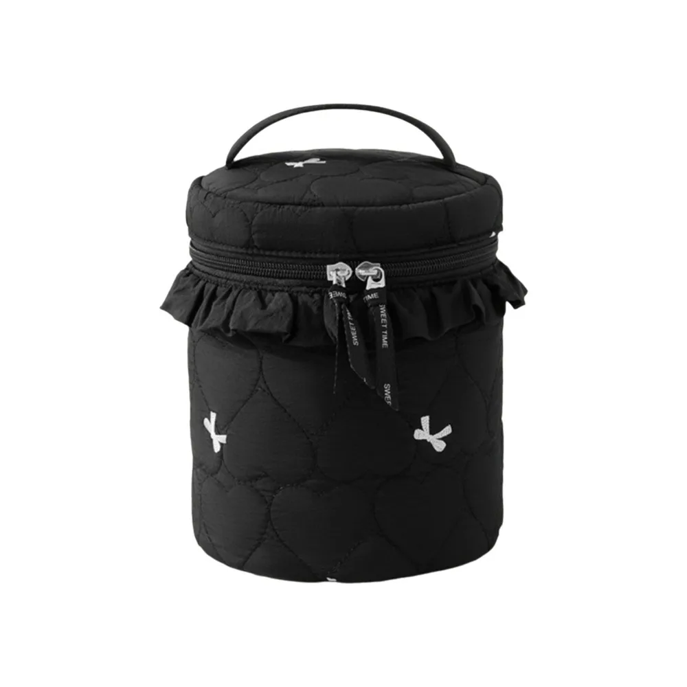 Love Pattern Cosmetic Organizer Bag Cylindrical Shape Large Capacity Makeup Bag Multi-Pocket Zipper Closure Wash Pouch Mommy