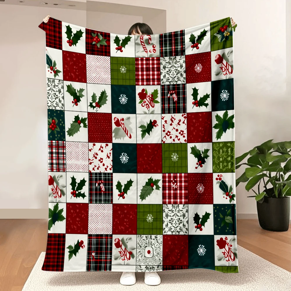 1PC Christmas Plaid and Holly Berry Print Blanket-Made of soft, fluffy flannel, perfect for a sofa, bed or lounge chair. Ideal f