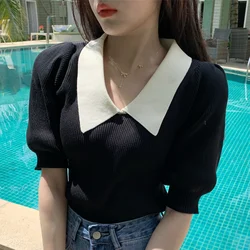 Chic Hit Color Peter Pan Collar Knitted Pullover T Shirt Summer Puff Short Sleeve Sweaters Tops Sweet Fresh Sweater Women