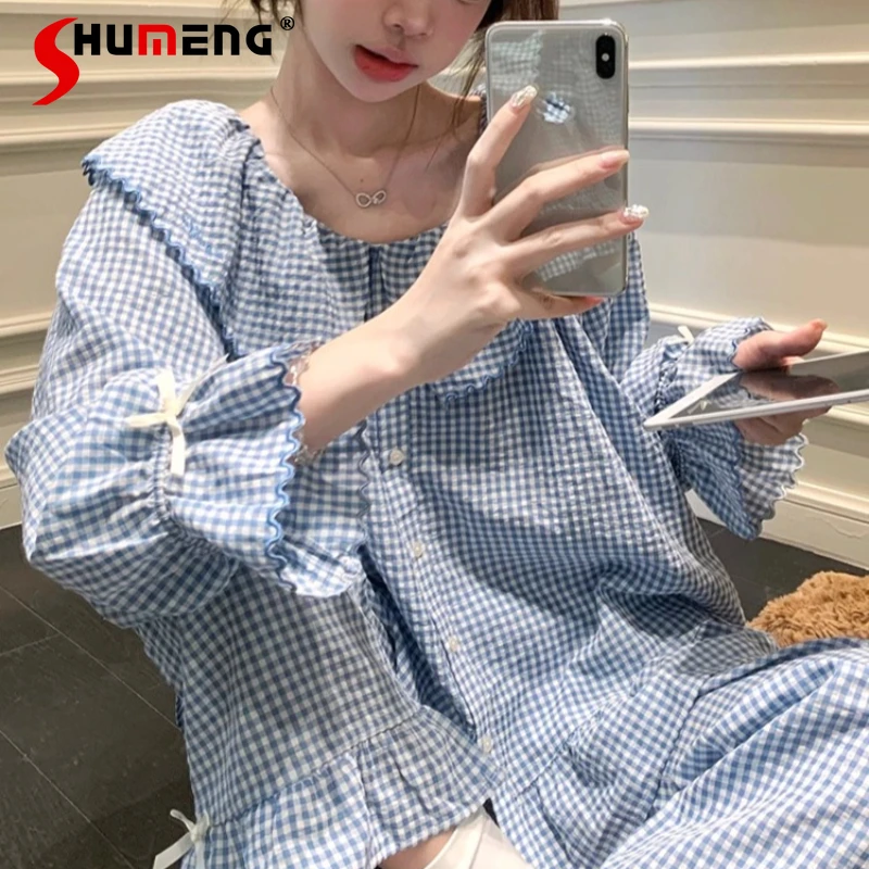 

Women's Long Pants Homewear Set Spring and Autumn Pure Cotton Pajamas Female Japanese Sweet Blue Plaid Doll Collar Underwear