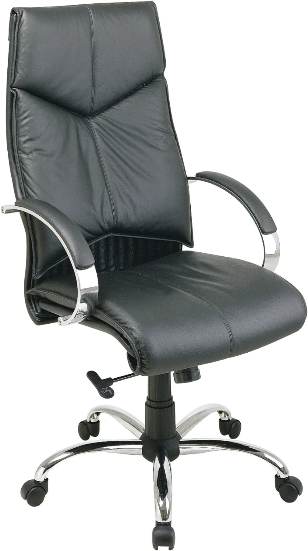 High Back Executive Leather Office Chair Chrome Base Padded Loop Arms Lumbar Support Tilt Control Black 28.25