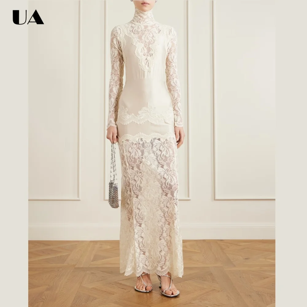 ULBYANRY Customized Lace Patchwork Long Dresses for Women Elegant Silm Fit Evening Dress Classy Turtleneck Wedding Guest Dress