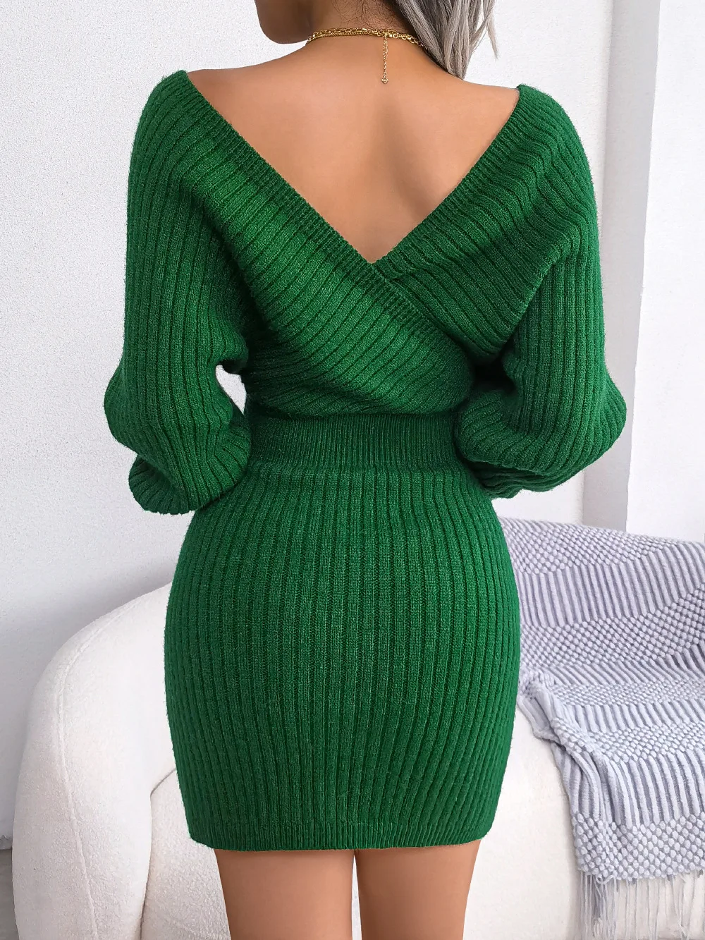 New Sexy Cross V-neck Bat Sleeve Lift Hip Sweater Dress Solid 2024 Fashion Elegant Female Evening Party Long Sleeve Dresses