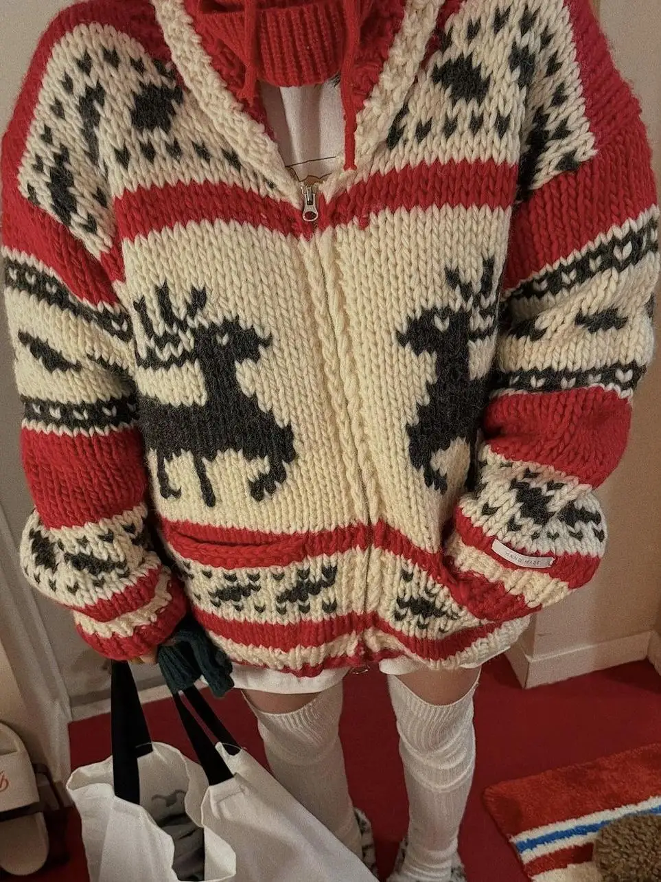 

Christmas Atmosphere Snowflake Deer Woolen Cardigan Yarn Zipper Loose Thickened Winter Women's Sweater Sweet Style