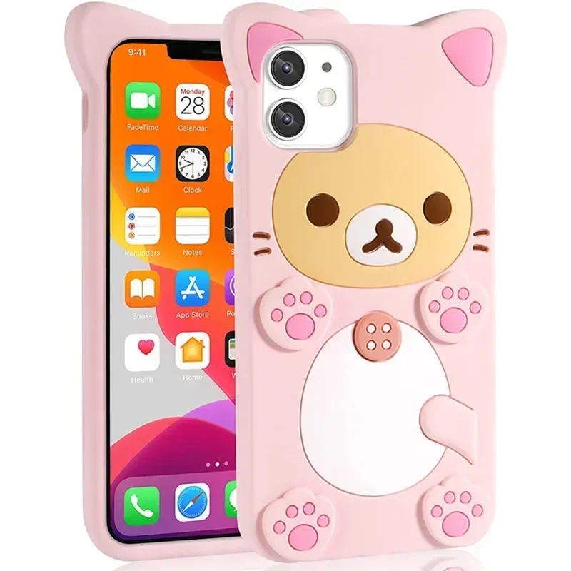 3D Cute Cartoon Pink Bear Kawaii Soft Silicone Case for IPhone 14 13 11 15  16 17 Pro Max 12 Mini XS XR X Plus 17Pro Funny Cover - AliExpress 202192403