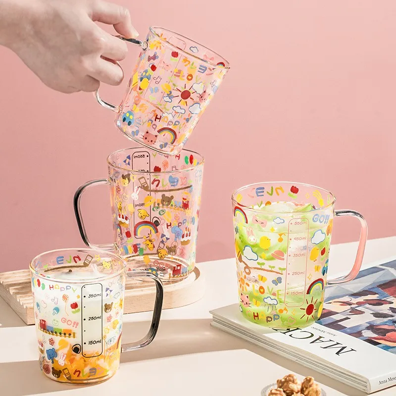 JINYOUJIA-Large Capacity Glass Mug with Scale for Breakfast, Milk, Coffee Cup, Home Kitchen, Cartoon Pattern Water Cups