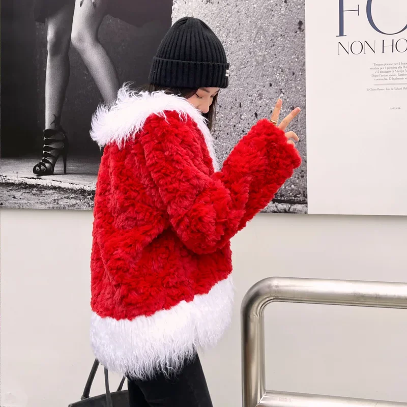 Christmas Mao Mao Coat Soft Waxy Fur Temperament Short Coat Female Imitation Rex Rabbit Hair Stitching.