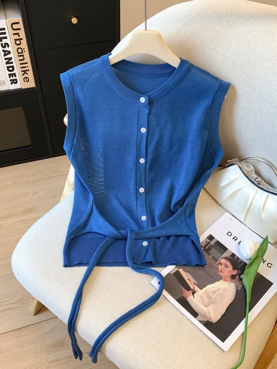 

Klein синий вязаный топ с застежкой на талии, женская летняя утягивающая верхняя одежда, красивая майка, корейский круглый топ Ne