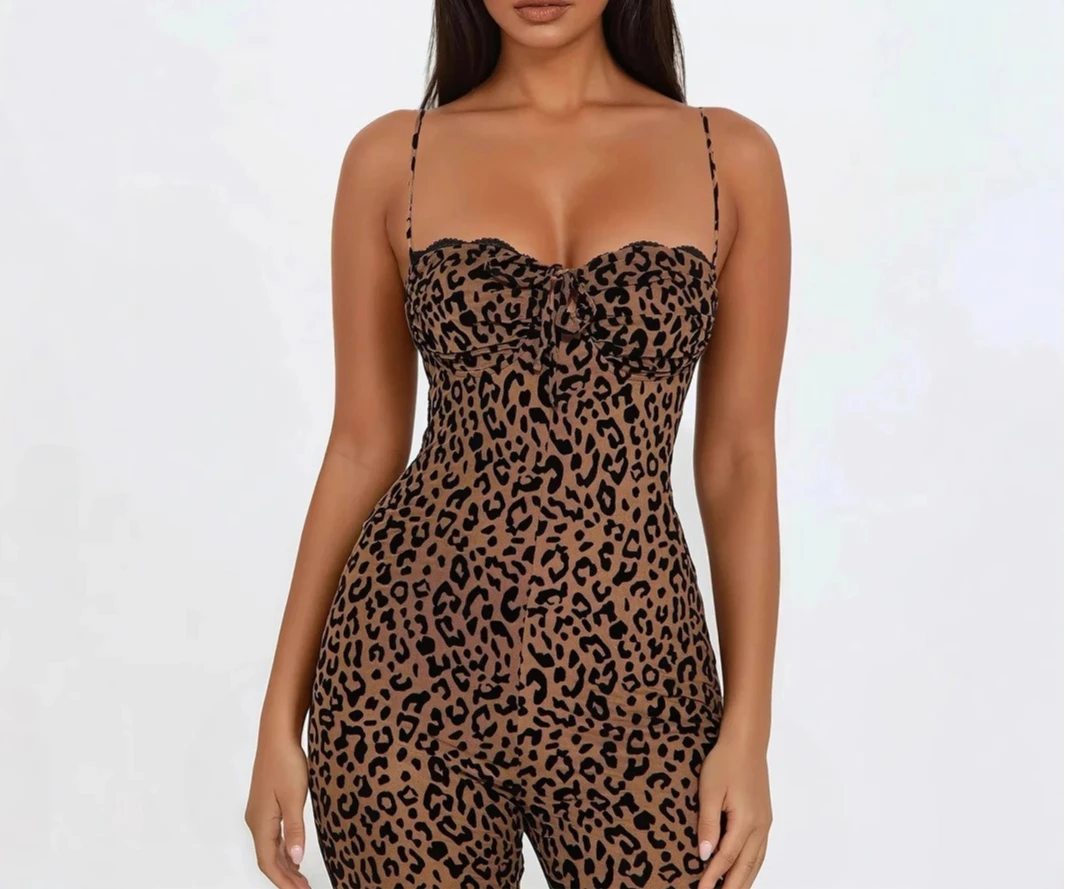 

2025 Womens Sleeveless Leopard Print Backless Slim Fit Bustier High Waist Bodycon Jumpsuit