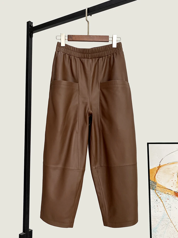 

Winter New High Quality Genuine Real Leather Pants Women's Fashion All-Match Waist Loose Elastic Cropped