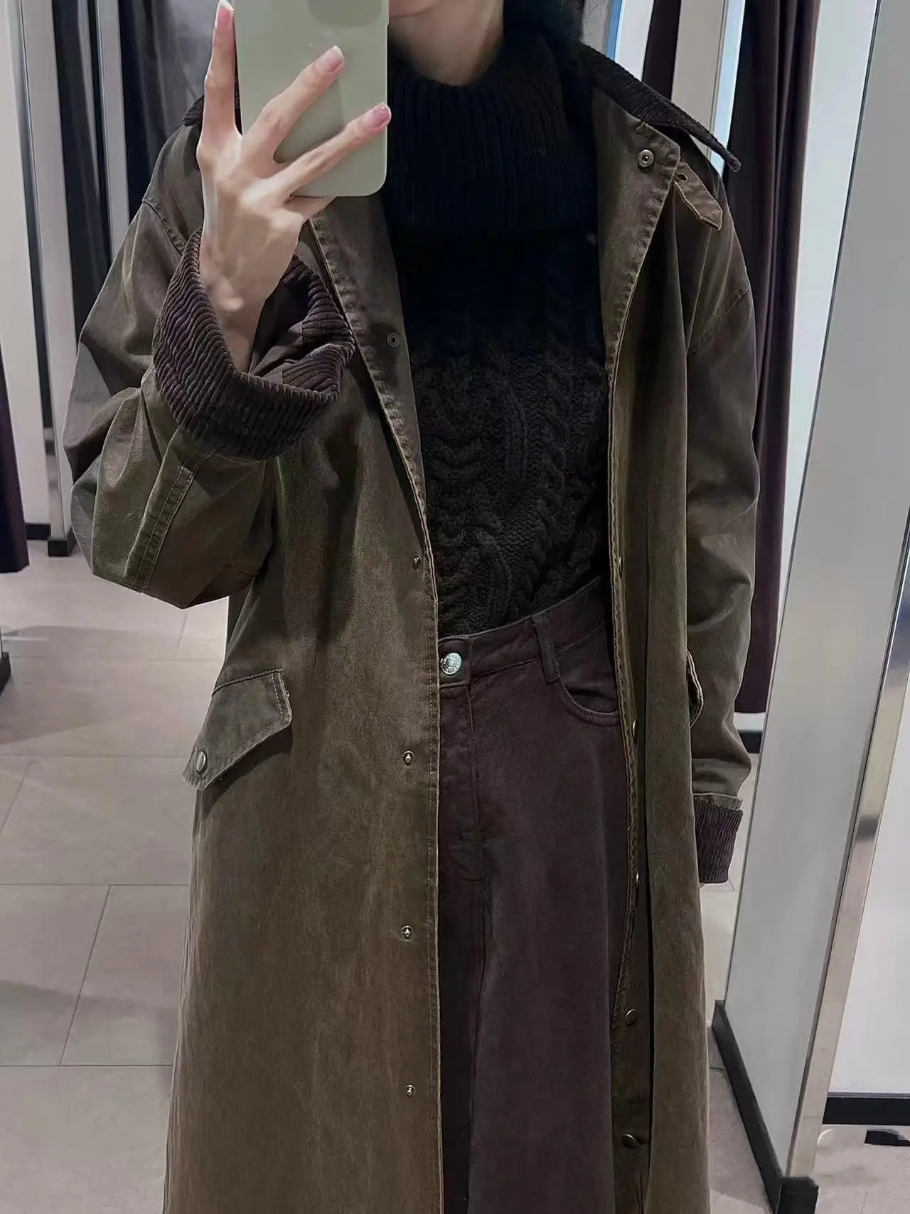 

Новинка 2025, весенне-осеннее женское длинное пальто из вощеной кожи с эффектом свека, винтажное свободное пальто из полиэфирного волокна для поездок на работу