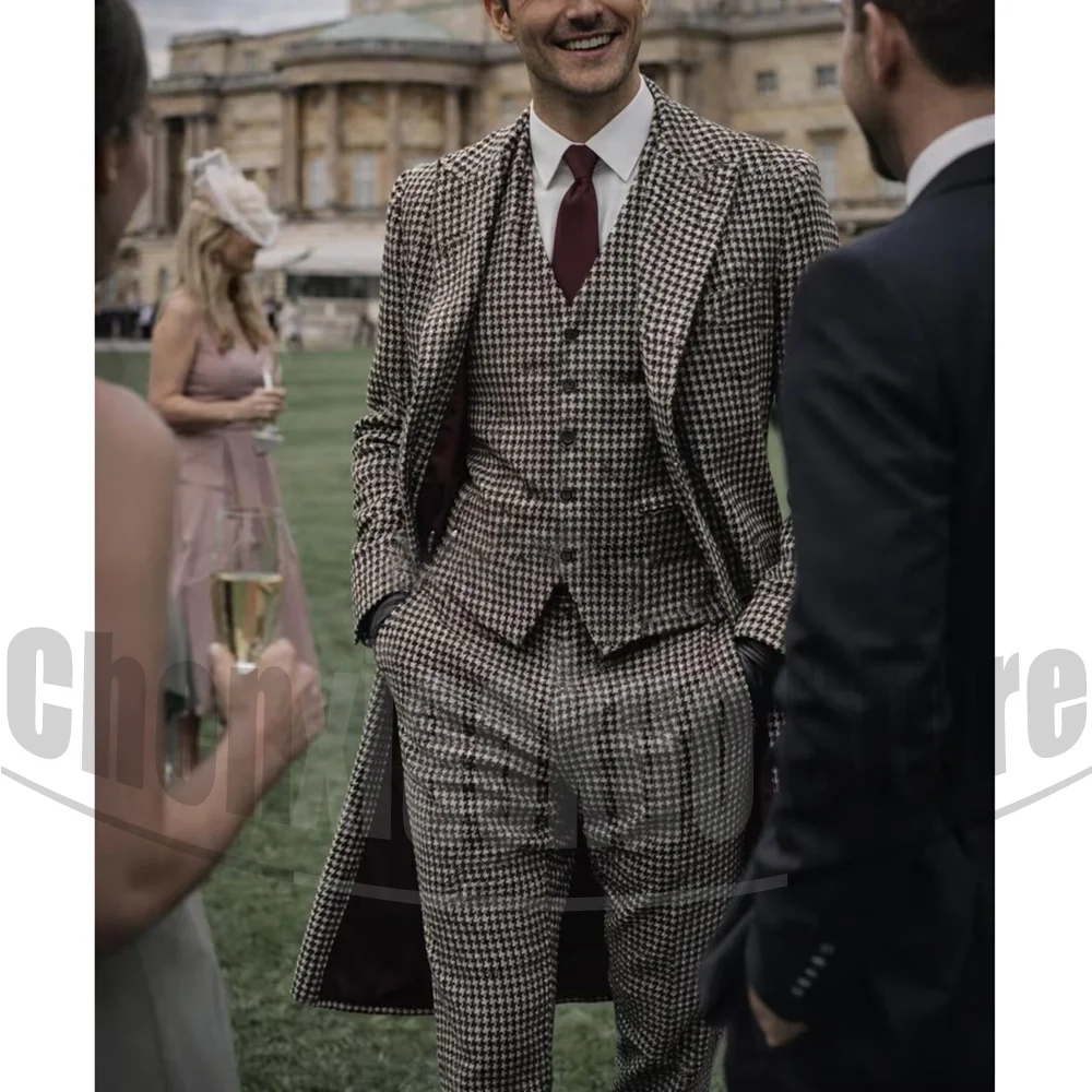 Fashion Houndstooth Men Suit 3 Piece Single Breasted Long Coat Vest Pants Formal Wedding Groom Business Casual Prom Party Suits