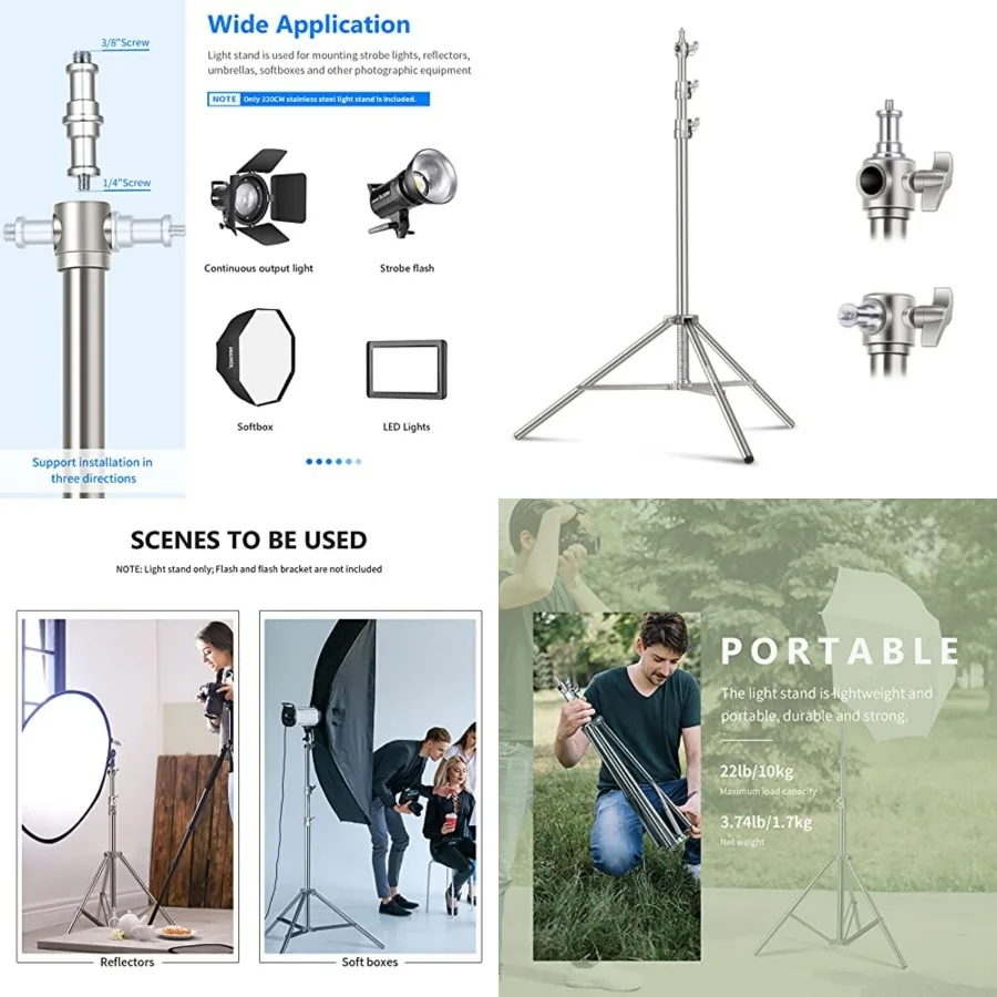 

79"/2m Stainless Steel Light Stand, Spring Cushioned Heavy Duty Photography Tripod Stand with 1/4" to 3/8" Universal Screw Adap