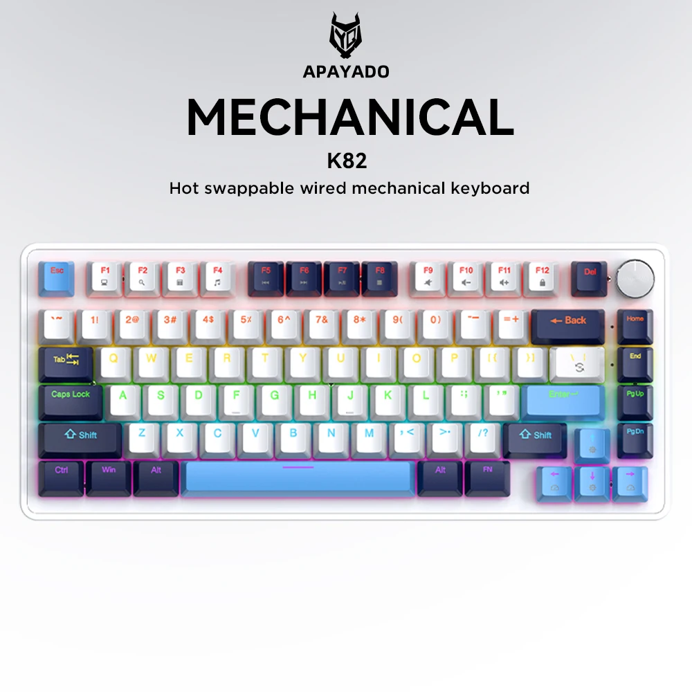 APAYADO K82 Multifunctional Knob Mechanical Keyboard,Cool Backlight,Full Key Hot Swappable,Wired Connection,Windows&Mac