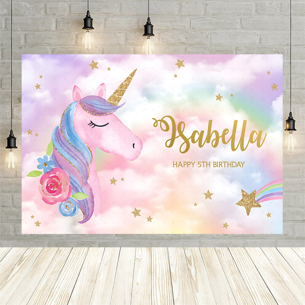 Cartoon Pink Cute Unicorn Celebrating Girl Kid Birthday Party Banner Backdrop Custom Kid Room Photo Poster Decor Wall Background