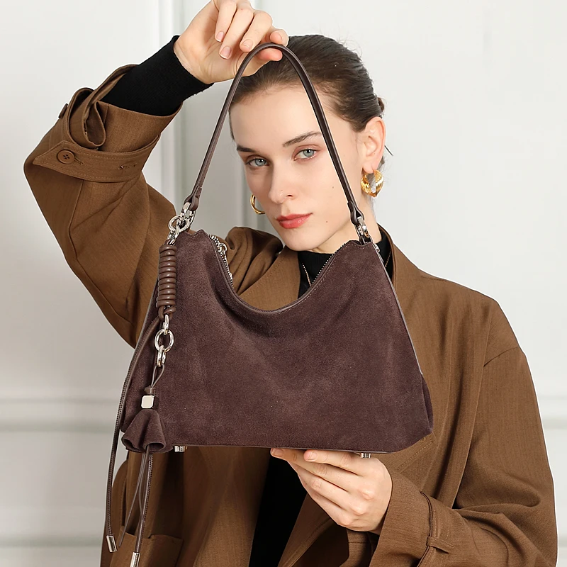 

Burminsa Cowhide Suede Genuine Leather Hobo Shoulder Bags For Women 2025 Luxury Designer Crescent Tote Crossbody Ladies Handbags