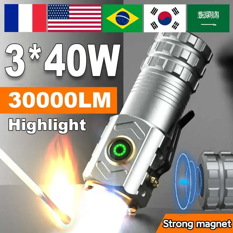 2024 Mini Flashlight 18650 Ultra Powerful Torch High Lumen 30000 Flashlight High Power Led Flashlights Strong Magnet Mini Torch