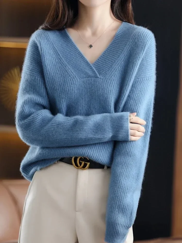 Neue gemütliche weiche V-Ausschnitt mit langen Ärmeln, lockere Damen-Strickbluse, lässiger einfarbiger Pullover, sanfter Strickpullover