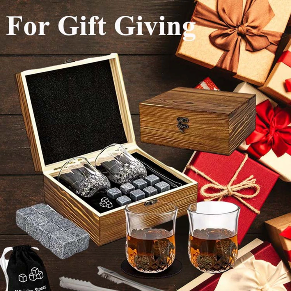 Whiskey Glasses Luxury Set Reusable Ice Cubes Stone for Whisky Scotch Rock Whiskey Wooden Men Gift Set Bar Accessories Home Bar