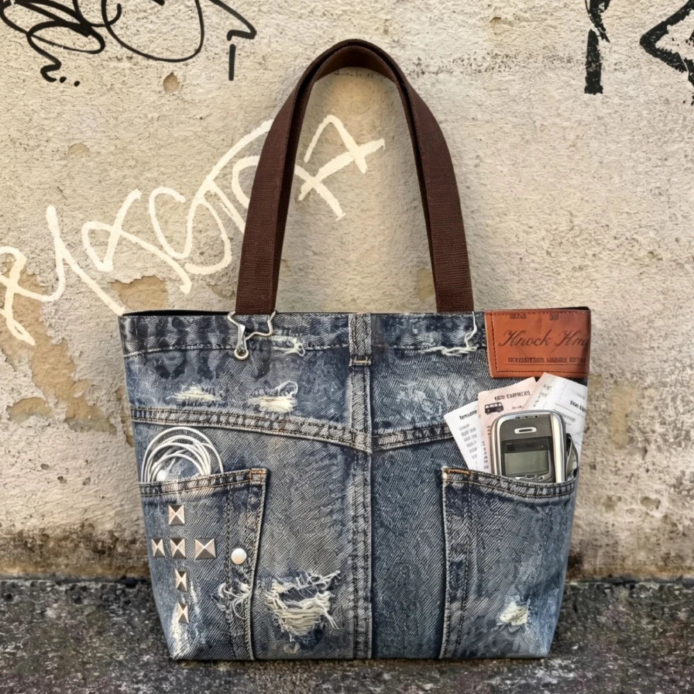 Reversible PVC Double Sided Printed Shoulder Bag,Retro Denim Print Waterproof Large Capacity Tote Bag,Lightweight Shopping Pouch