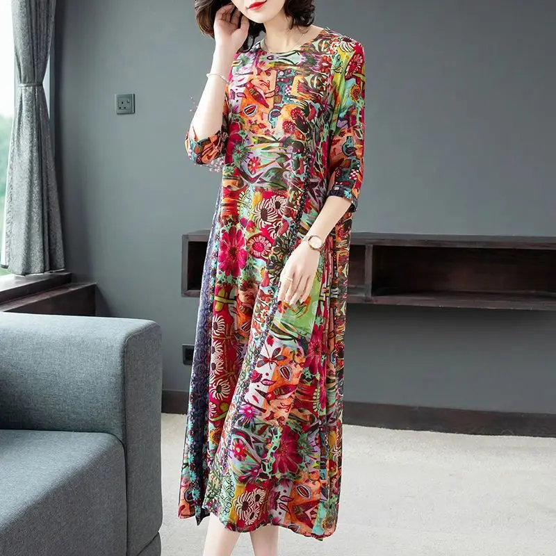 2023 Autumn Women's Ice Silk Round Neck Long Sleeved Flower Long Skirt Spring Fashion Elegant Comfortable Versatile Long Skirt