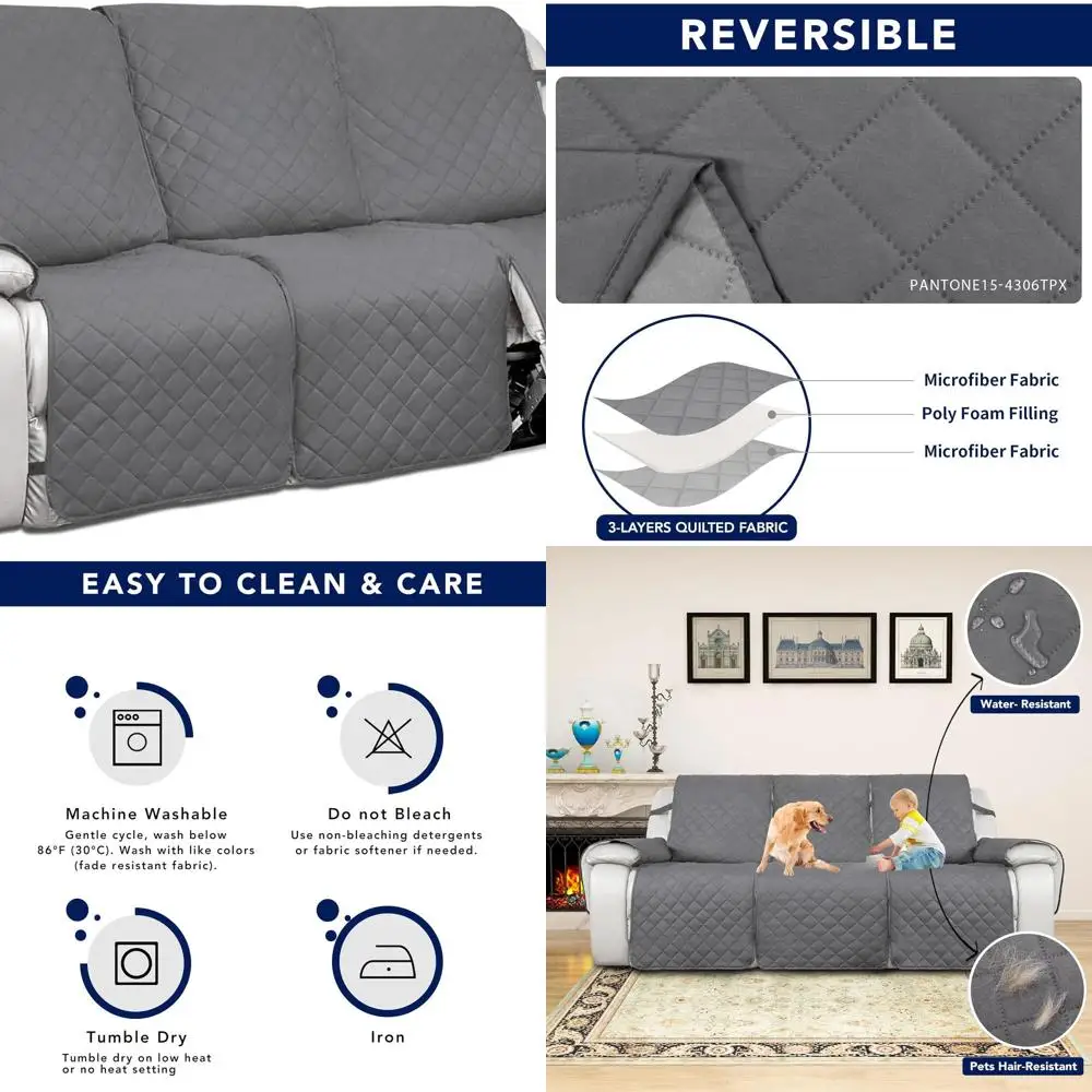 

Gray/Light Gray 3-Seat Reclining Sofa Cover - Reversible, Water-Resistant, Non-Slip Couch Protector for Kids & Pets