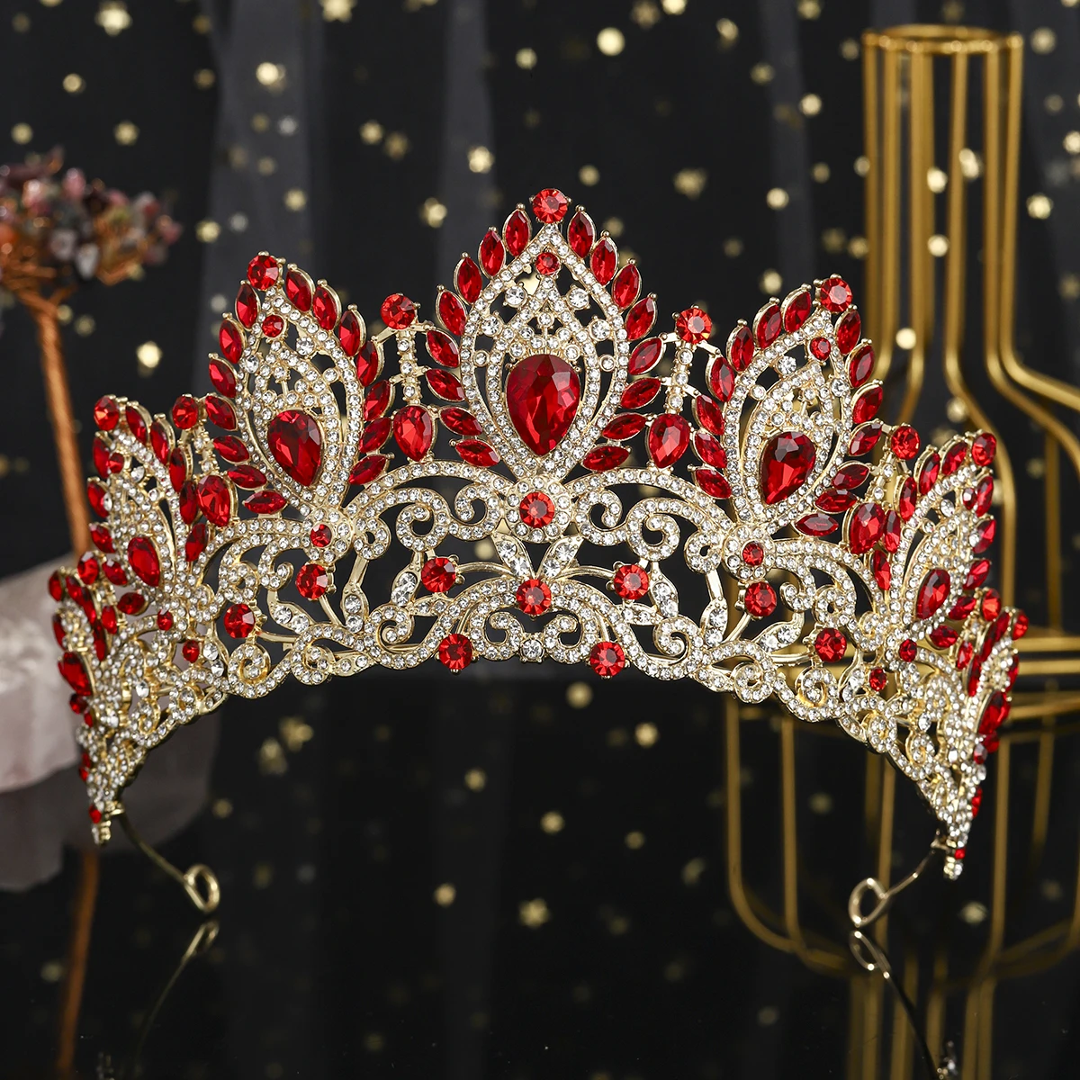تاج الزفاف الأحمر الفاخر الغلاف الجوي الباروك حجر الراين الملكة تيارا إكسسوارات الشعر مأدبة فتاة خوذة التاج