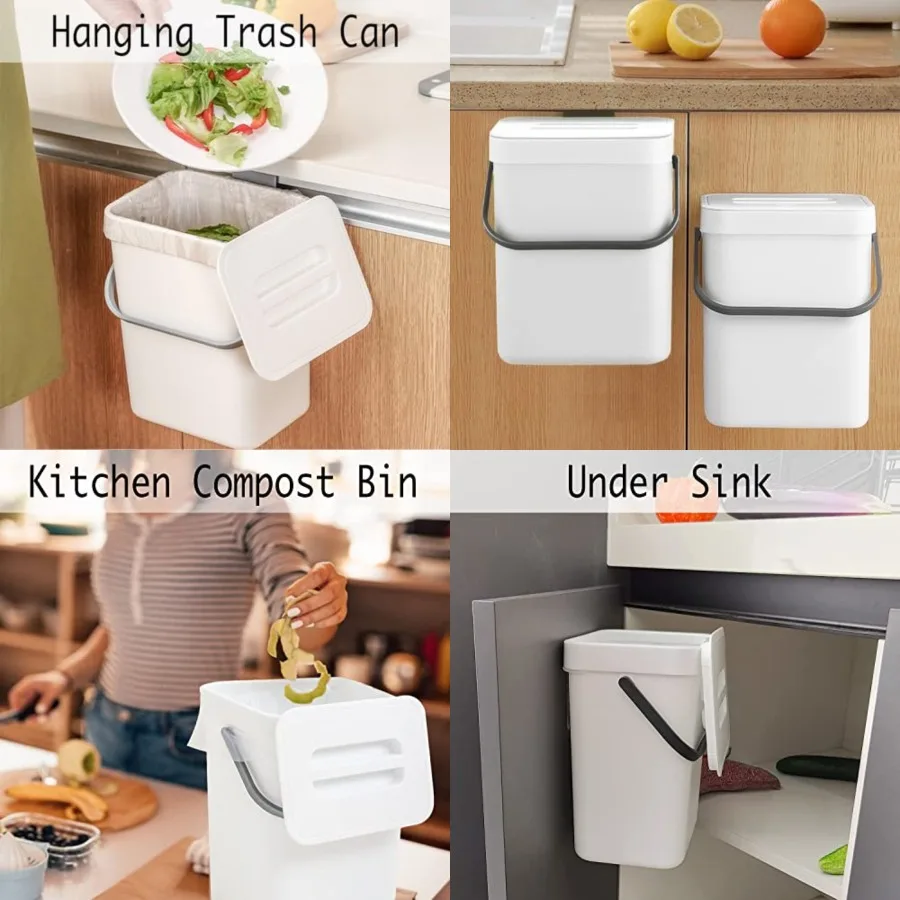 

Compost Bin Indoor Kitchen Sealed, Hanging Small Trash Can with Lid Under Sink for Kitchen, Food Waste Bin for Countertop, Moun