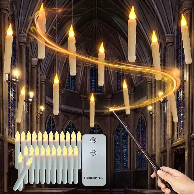 New Magic Floating LED Candles with Wand Control Realistic Flickering Flameless Wireless Remote for Wizard Home Decor Party Fun
