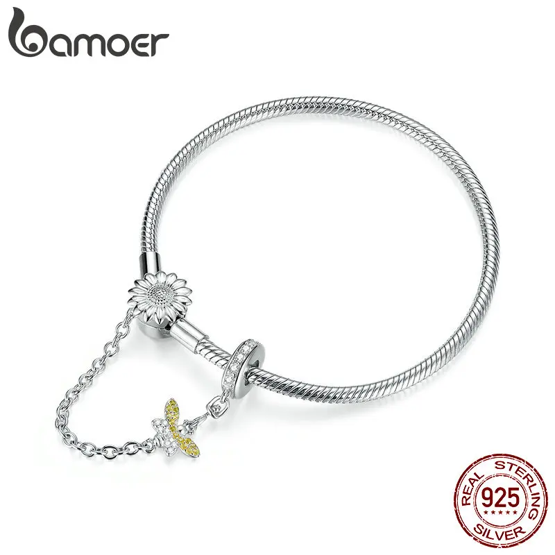 bamoer Authentic 925 Sterling Silver 3mm Snake Charm Bracelet with Sunflower Safety Chain DIY Bracelets Accessories BSB041