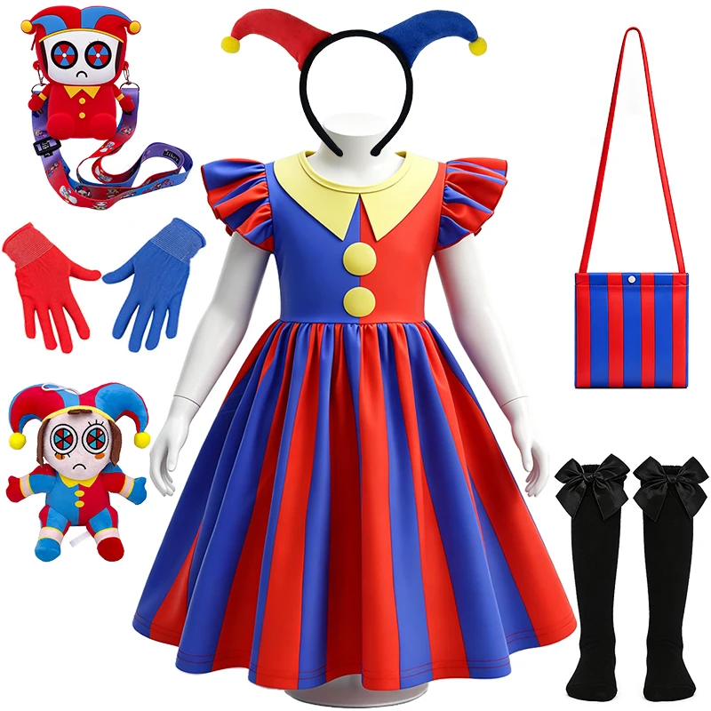 Cartoon Digital Circus Clown Pomni Striped Girls Dress Halloween Cosplay Masquerade Children Costume Carnival Party Kids Clothes
