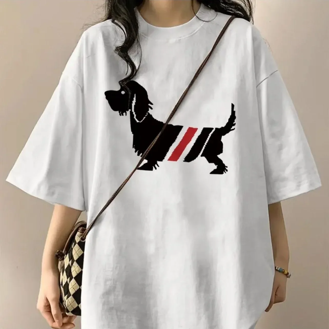 Personality Korean T Shirts Strip Puppy Cartoon Printed Dachshund t shirt Cotton Comfortable White Tees Summer Loose Oversized